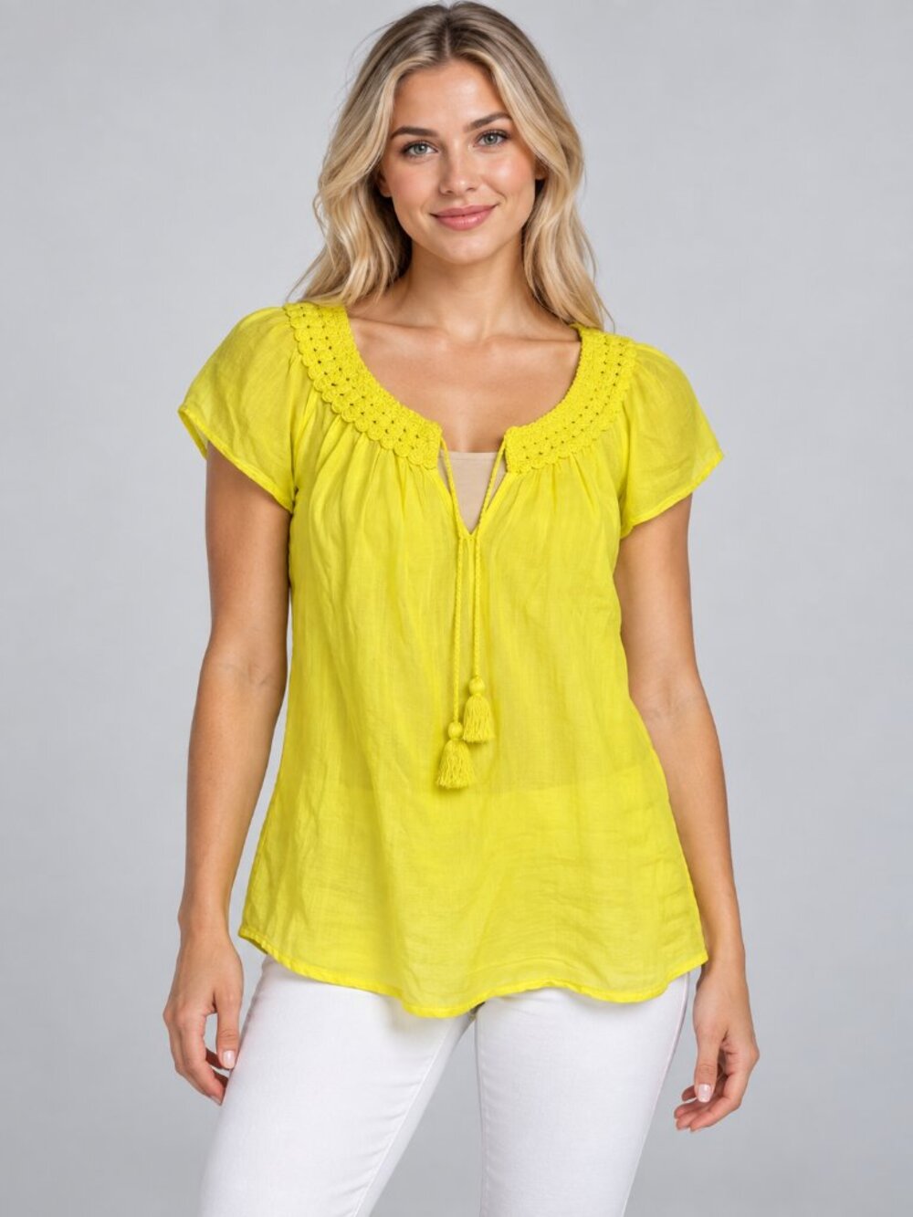 2/$30 Small Old Navy Yellow Crochet Trim Tassel Tie Peasant Blouse